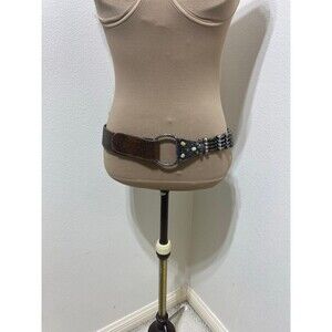 Suzi Roher Brown Wide Stretch Silver Metal Gemstone Buckle Belt Size Large